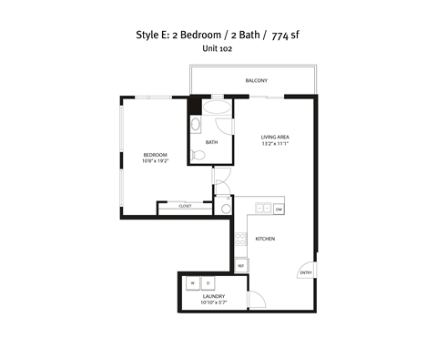 A floor plan of a 2 bedroom, 2 bathroom apartment.